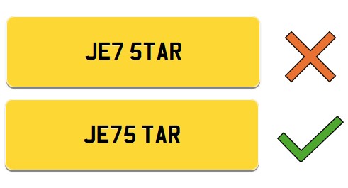 JE7 5TAR and JE75 TAR number plates incorrectly and correctly spaced.