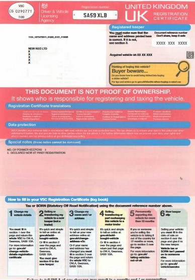 New (current) version of a V5C Registration Document (V5C)