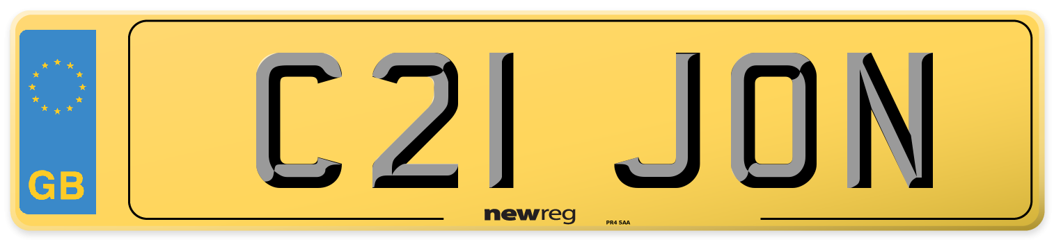 Prefix style number plate example displaying C21 JON