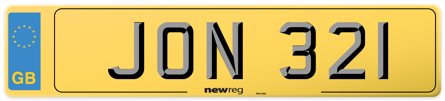 Dateless style number plate example displaying JON 321